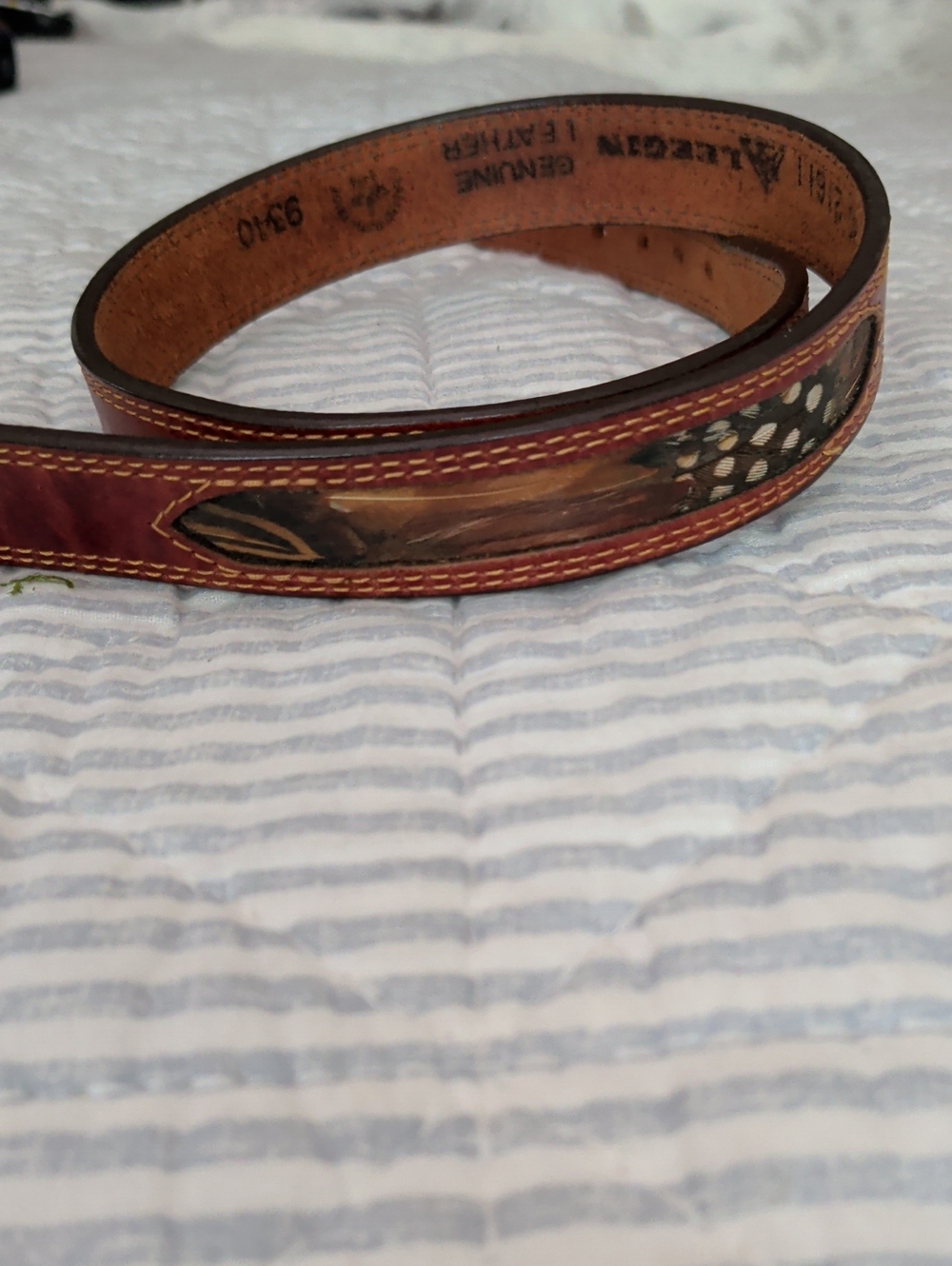 Vintage Leegan Leather Redish Brown Belt with feather Inlay